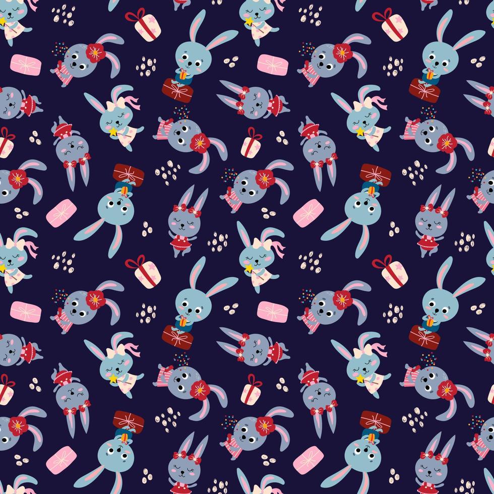 Seamless pattern with cute bunnies. Party with gifts and crackers. Design for fabric, textile, wallpaper, packaging. vector
