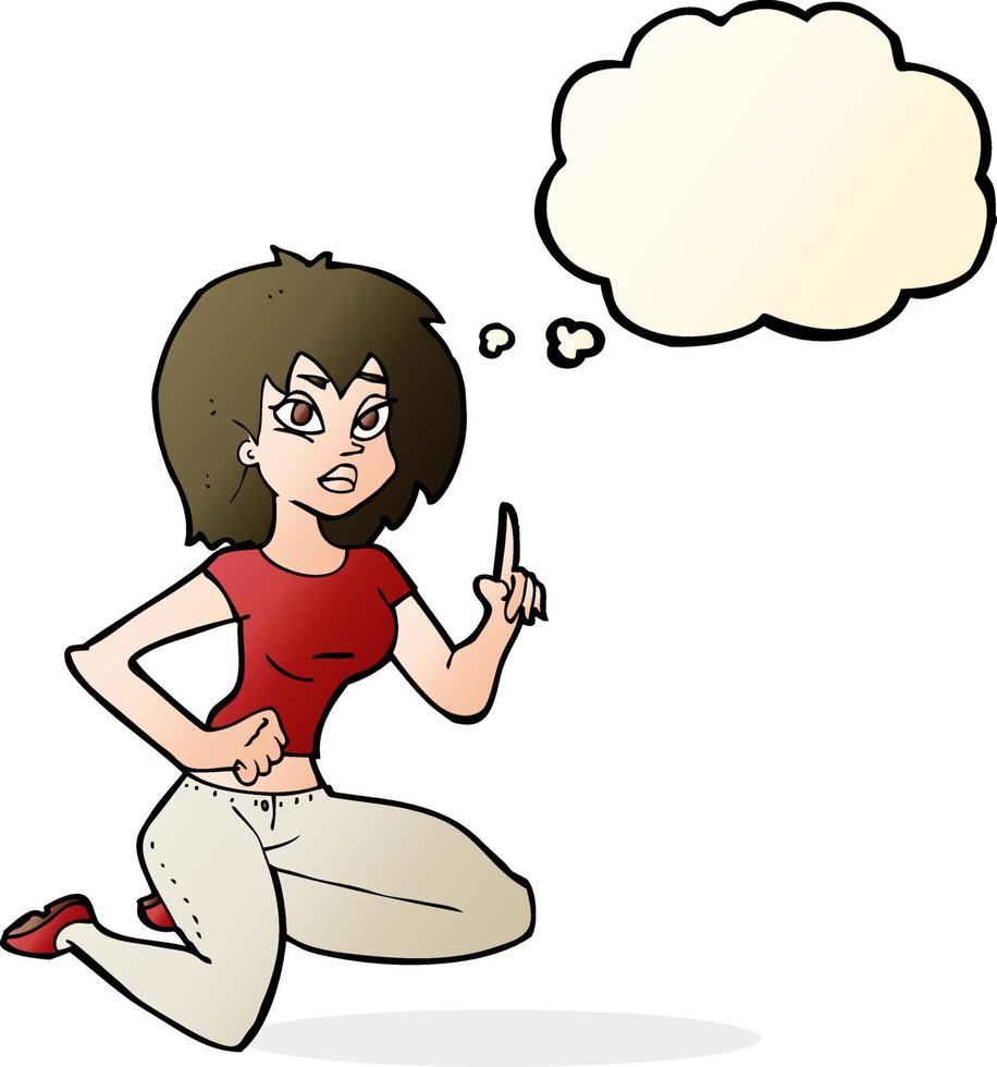 cartoon sitting woman with idea with thought bubble vector