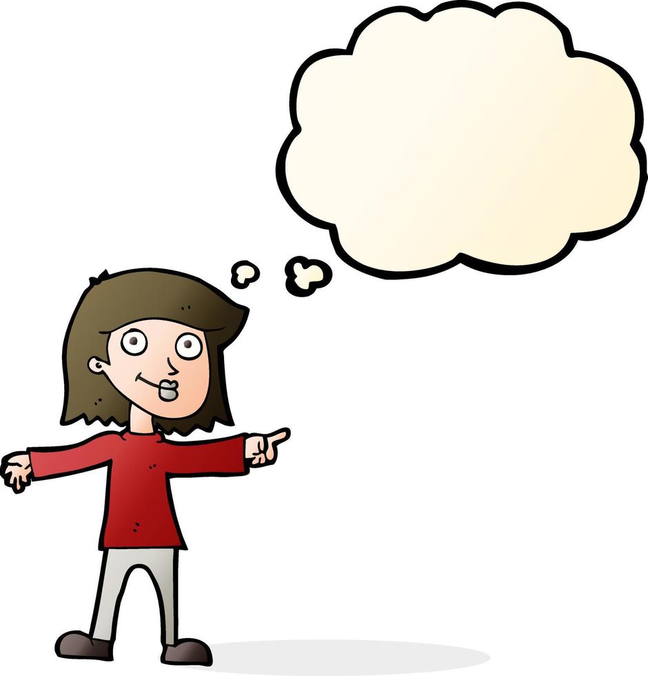 cartoon happy woman pointing with thought bubble vector
