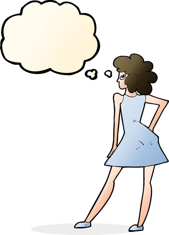 caricatura, mujer, posar, en, vestido, con, burbuja del pensamiento  12328089 Vector en Vecteezy
