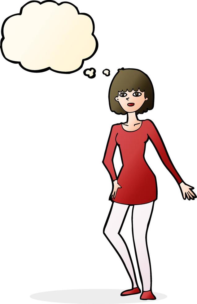 caricatura, mujer, en, vestido, con, burbuja del pensamiento vector