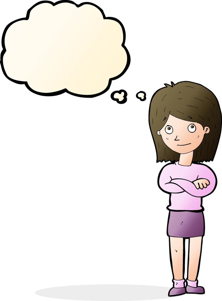 cartoon friendly girl rolling eyes with thought bubble vector