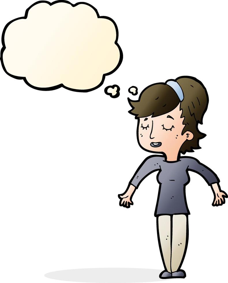 cartoon friendly woman shrugging shoulders with thought bubble vector