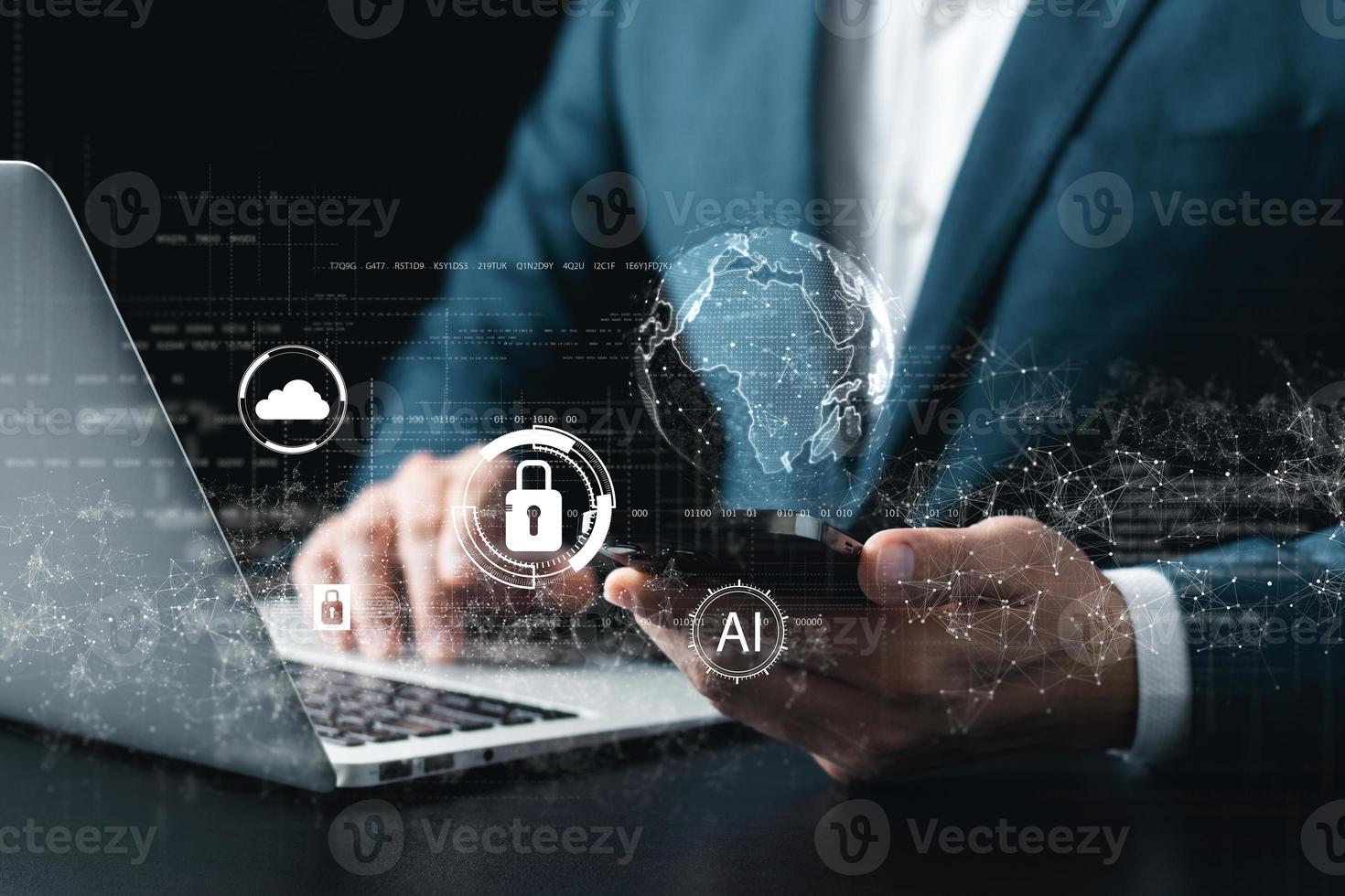 Cyber security concepts and global internet networks, Software engineers coding artificial intelligence Ai helping secure global internet networks, Cybersecurity and big data concept. photo
