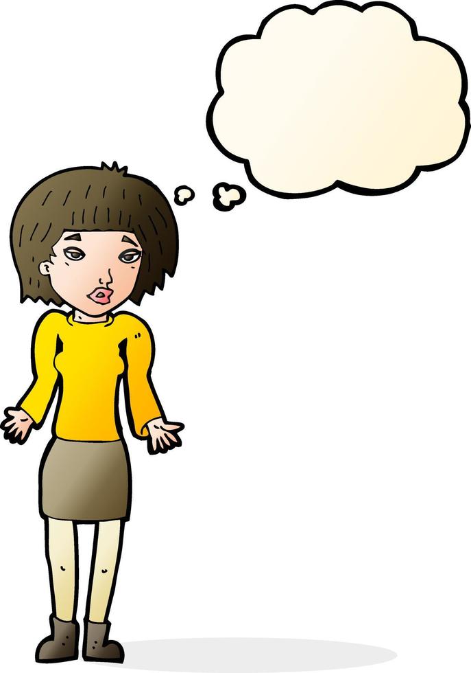 cartoon woman shrugging shoulders with thought bubble vector