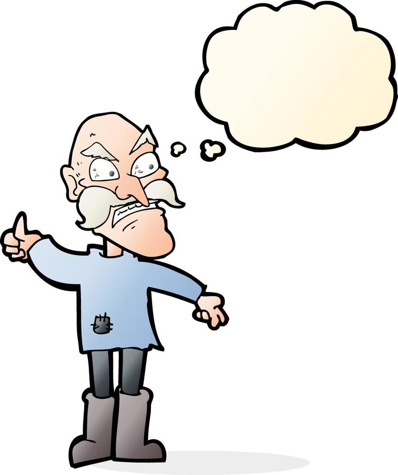 cartoon angry old man in patched clothing with thought bubble vector