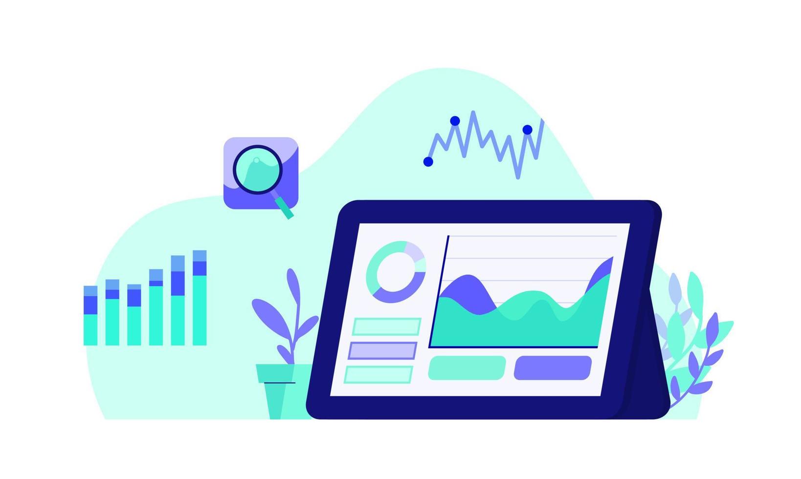 Data Analysis Graph and Chart in Business Dashboard Flat Vector Illustration Purple and Green Design Concept