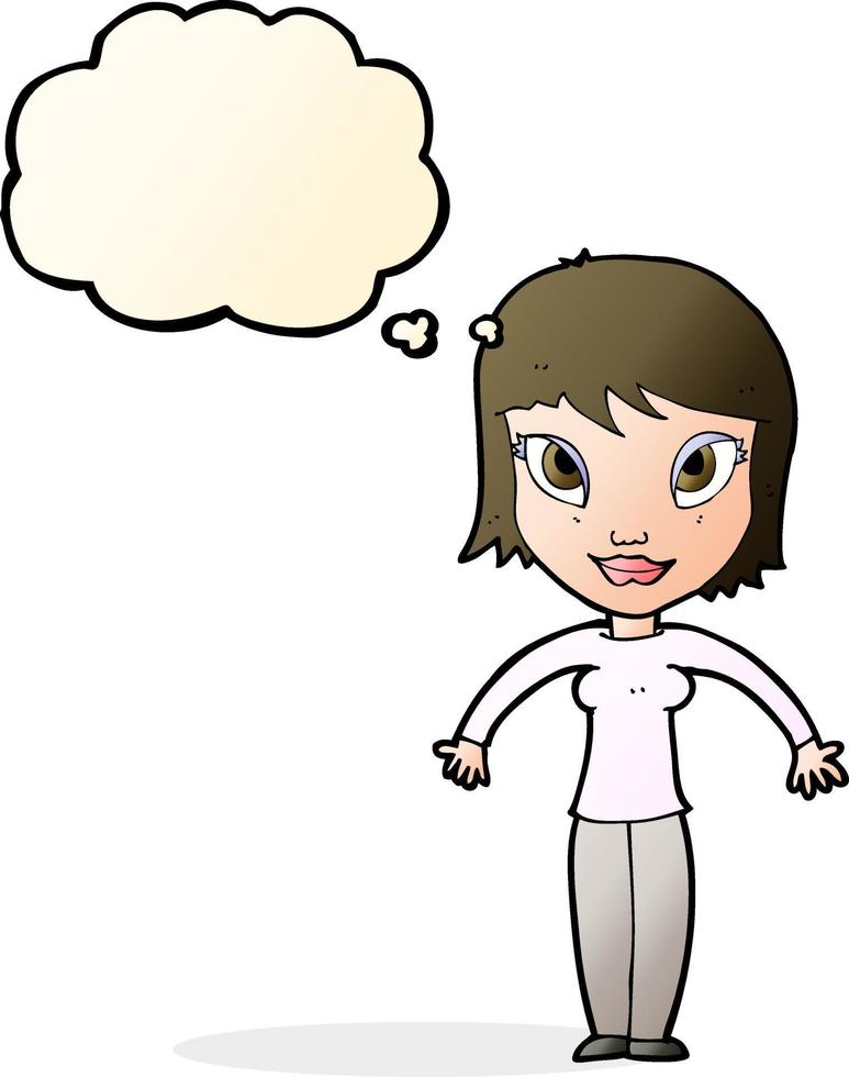 cartoon woman shrugging shoulders with thought bubble vector