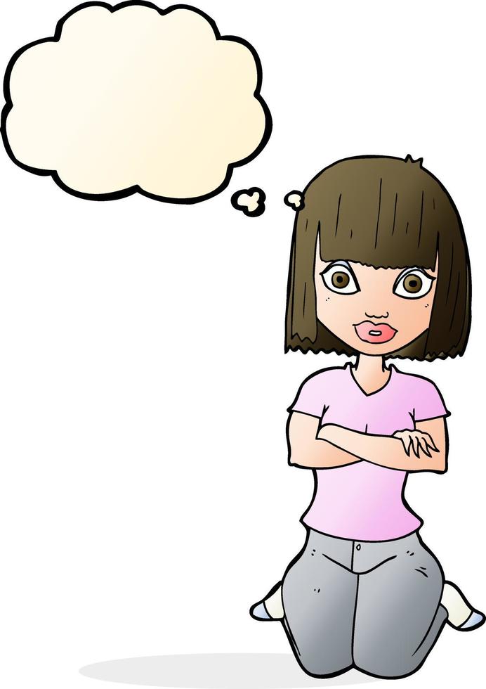 cartoon woman kneeling with thought bubble vector