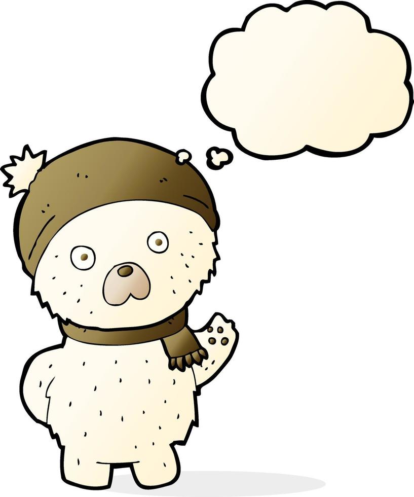 cartoon cute polar bear in winter hat and scarf with thought bubble vector