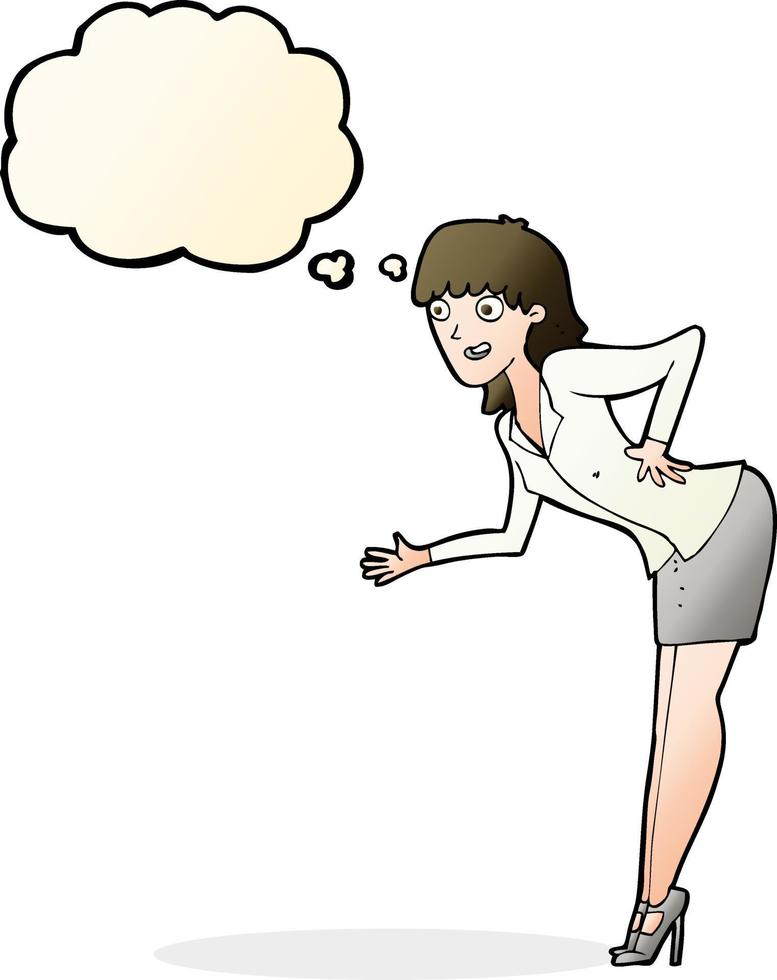 mujer de negocios de dibujos animados explicando con burbujas de pensamiento vector