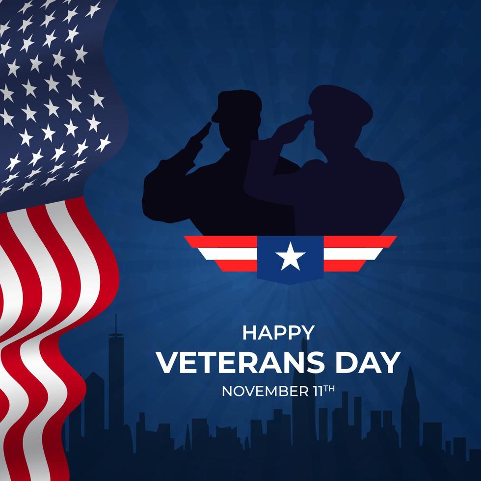 Happy Veterans Day November 11th with a US flag illustration on sunburst blue background vector