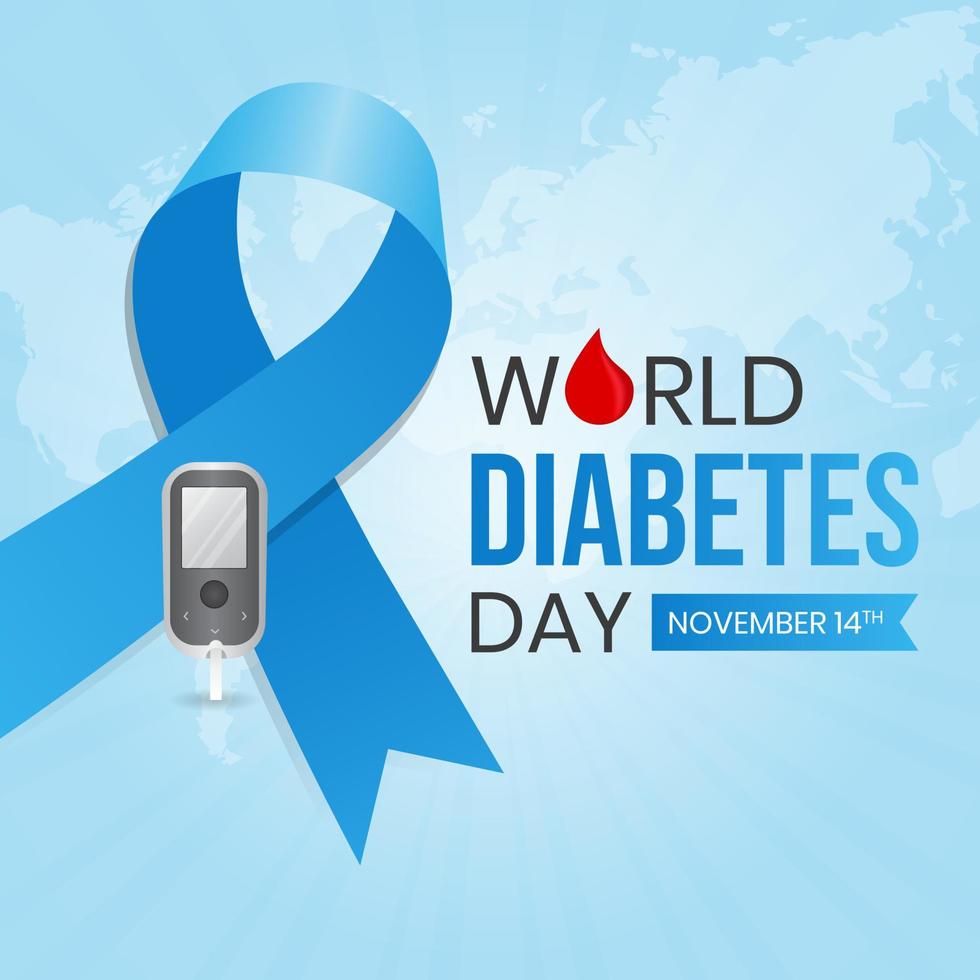 día mundial de la diabetes 14 de noviembre con cinta azul e ilustración de medidor de glucosa vector