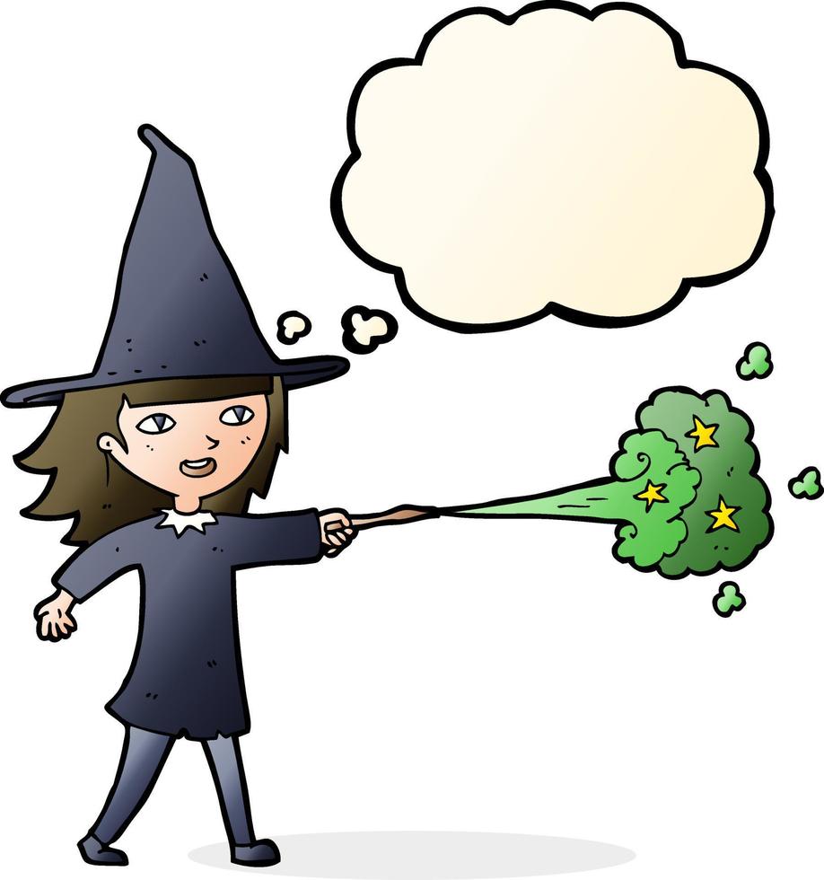 cartoon witch girl casting spell with thought bubble vector