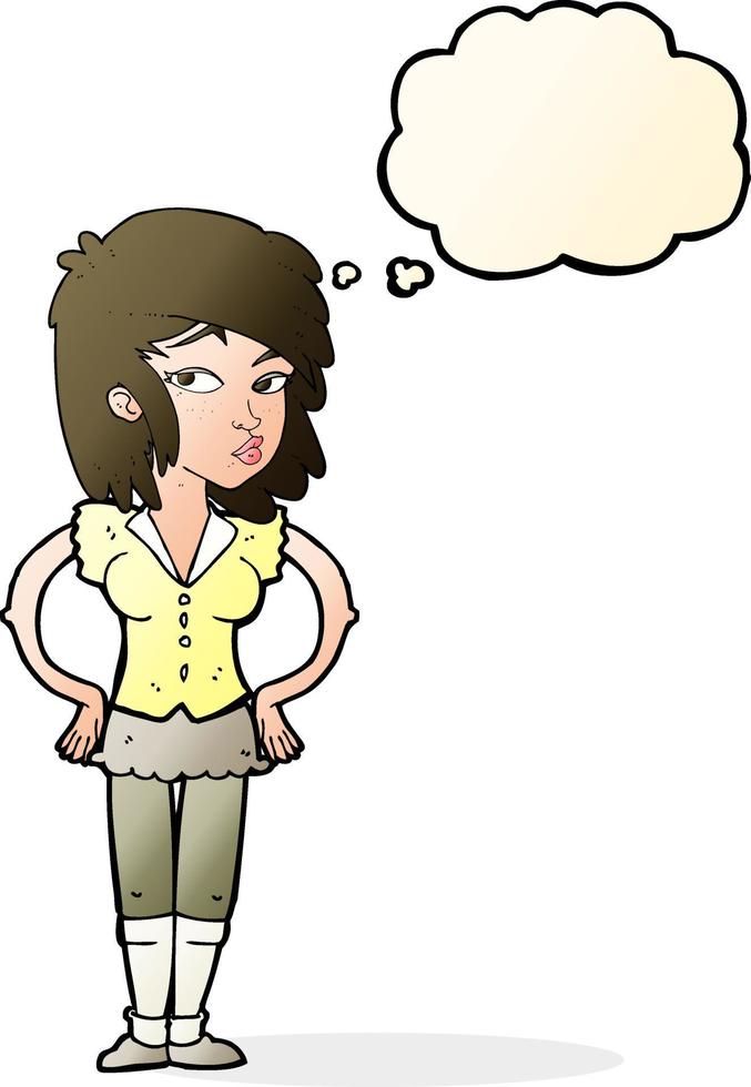 cartoon pretty woman with hands on hips with thought bubble vector