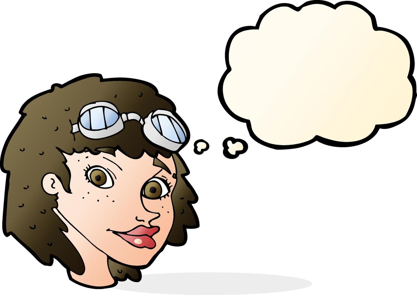 cartoon happy woman wearing aviator goggles with thought bubble vector