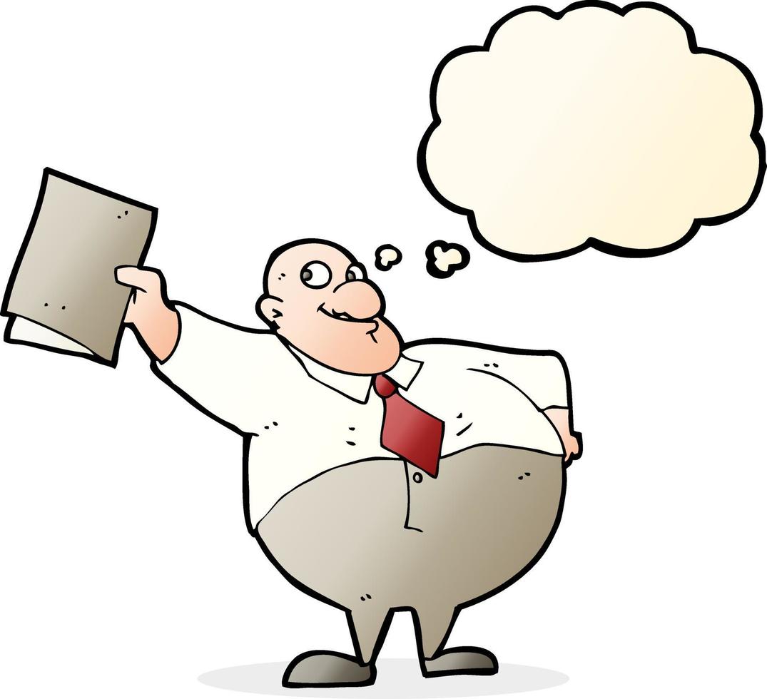 cartoon happy boss with file with thought bubble vector