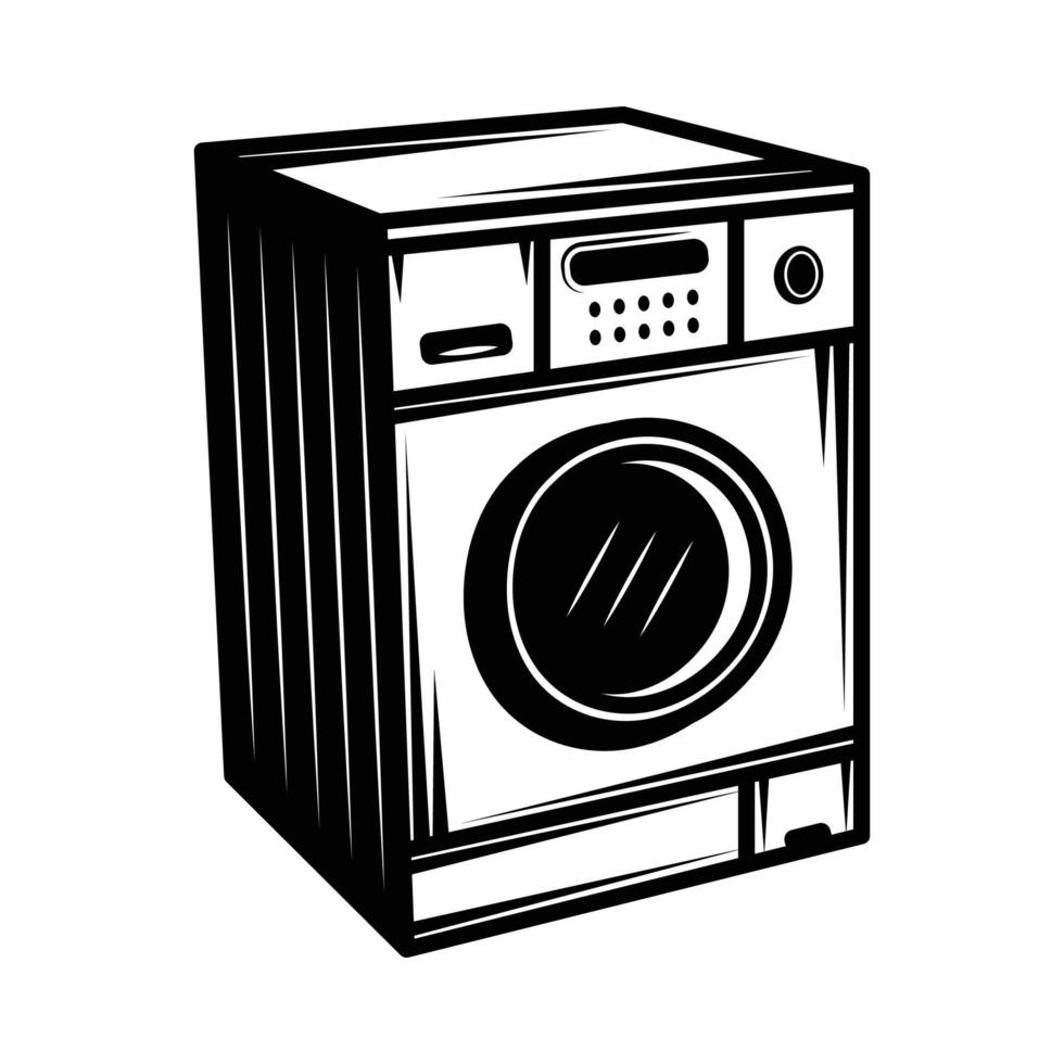 Vintage retro washing machine. Can be used like emblem, logo, badge, label. mark, poster or print. Monochrome Graphic Art. Vector Illustration. Engraving woodcut