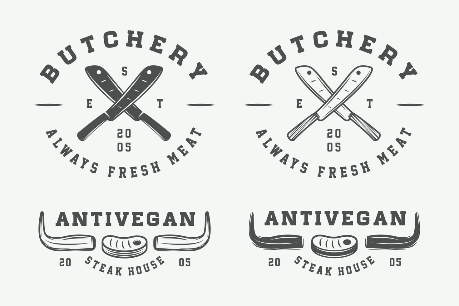 Set of vintage butchery meat, steak or bbq logos, emblems, badges, labels. Graphic Art. Vector Illustration.