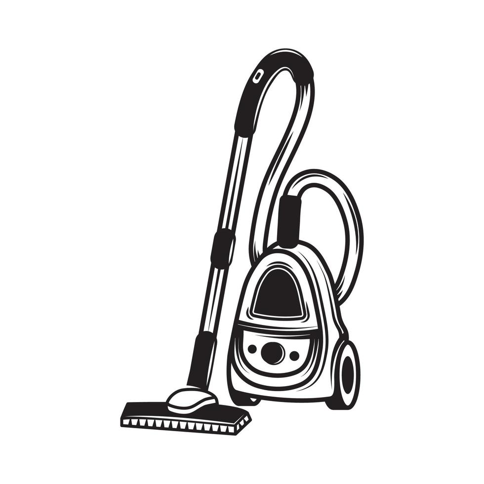 Vintage retro vacuum cleaner. Can be used like emblem, logo, badge, label. mark, poster or print. Monochrome Graphic Art. Vector Illustration. Engraving woodcut