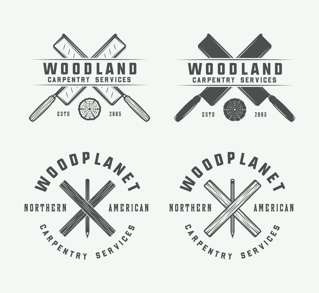 Set of vintage carpentry, woodwork and mechanic labels, badges, emblems and logo. Vector illustration. Monochrome Graphic Art.