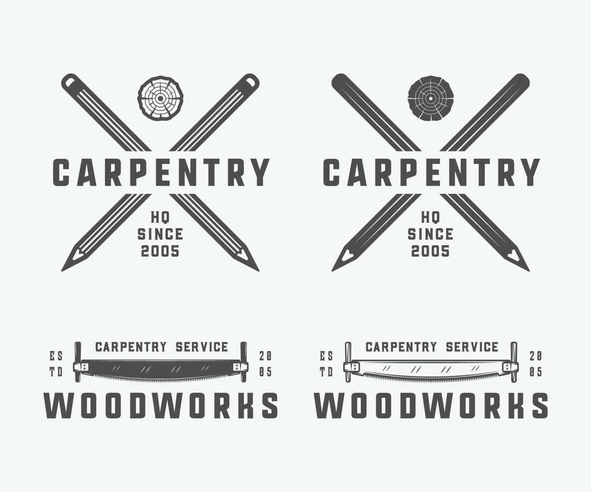 Set of vintage carpentry, woodwork and mechanic labels, badges, emblems and logo. Vector illustration. Monochrome Graphic Art.