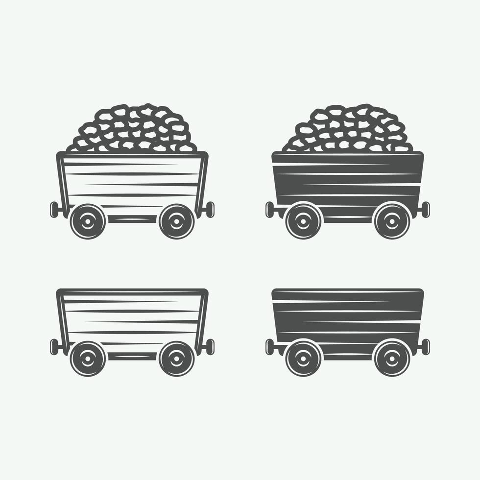 Mining coal carts van in retro vintage style. Graphic Art. Vector Illustration.