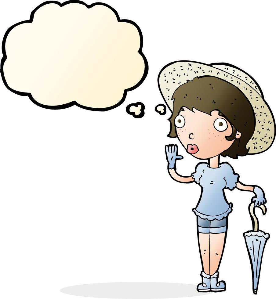 cartoon woman in summer hat waving with thought bubble vector