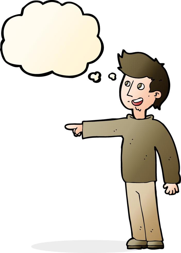 cartoon happy man pointing and laughing with thought bubble vector