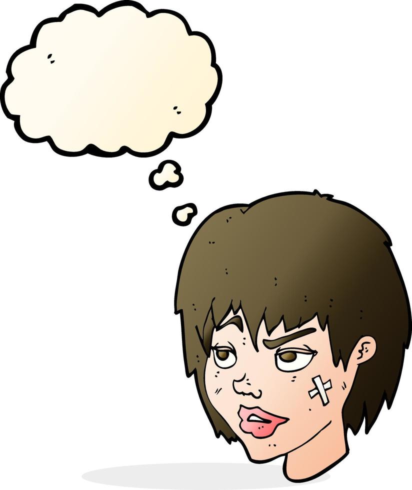 cartoon woman with plaster on face with thought bubble vector