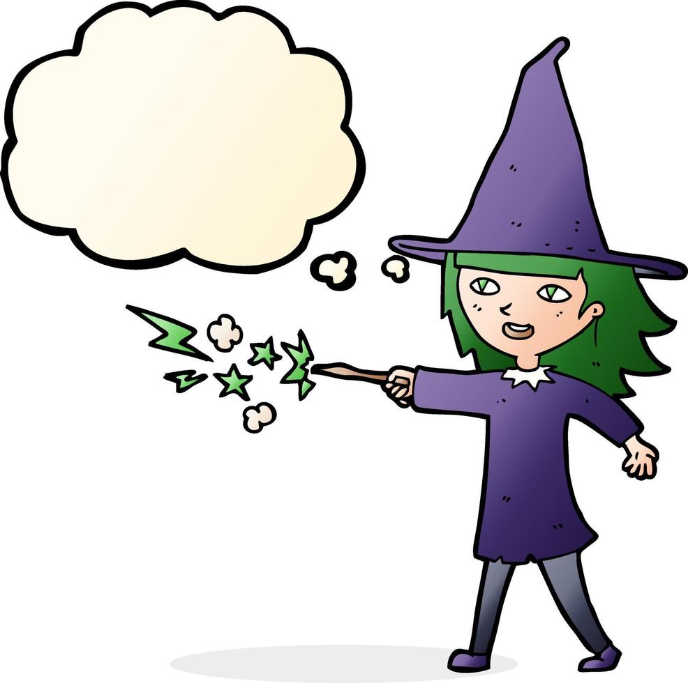 cartoon witch girl casting spell with thought bubble vector