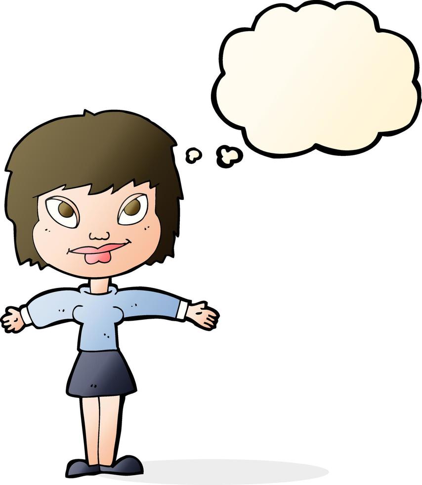 cartoon woman with open amrs with thought bubble vector