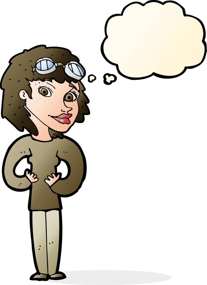 caricatura, aviador, mujer, con, burbuja del pensamiento vector