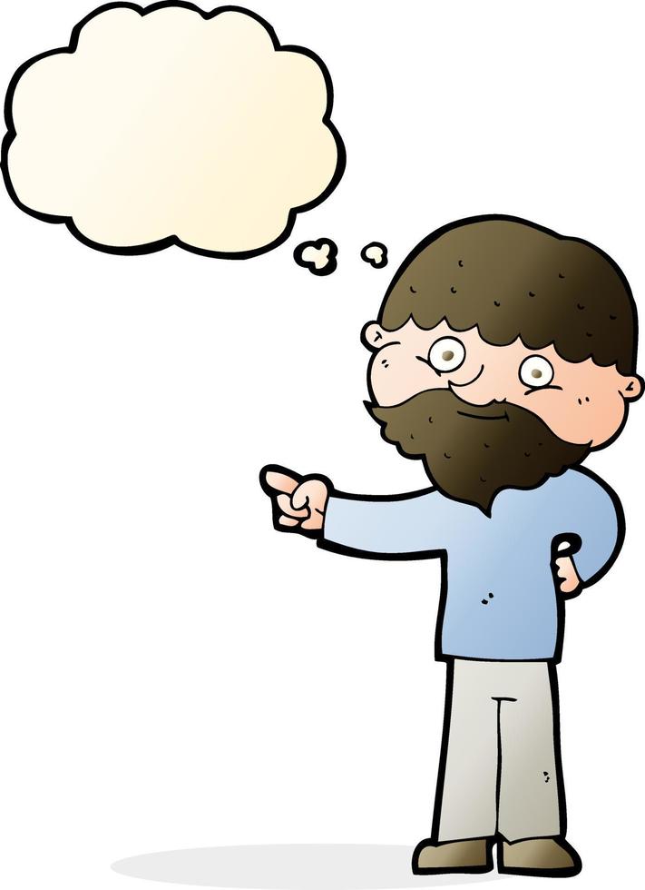 caricatura, hombre barbudo, señalar, con, burbuja del pensamiento vector