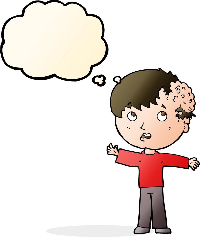 cartoon boy with growth on head with thought bubble vector