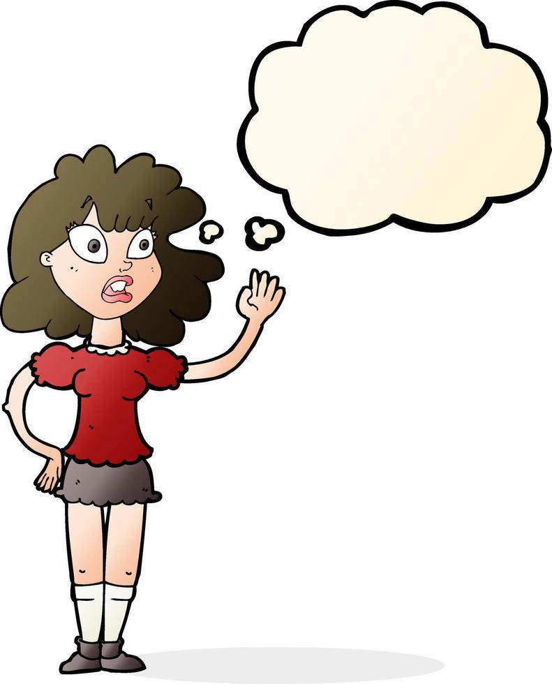 cartoon worried woman waving with thought bubble vector