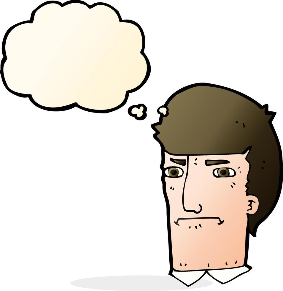 cartoon man narrowing eyes with thought bubble vector