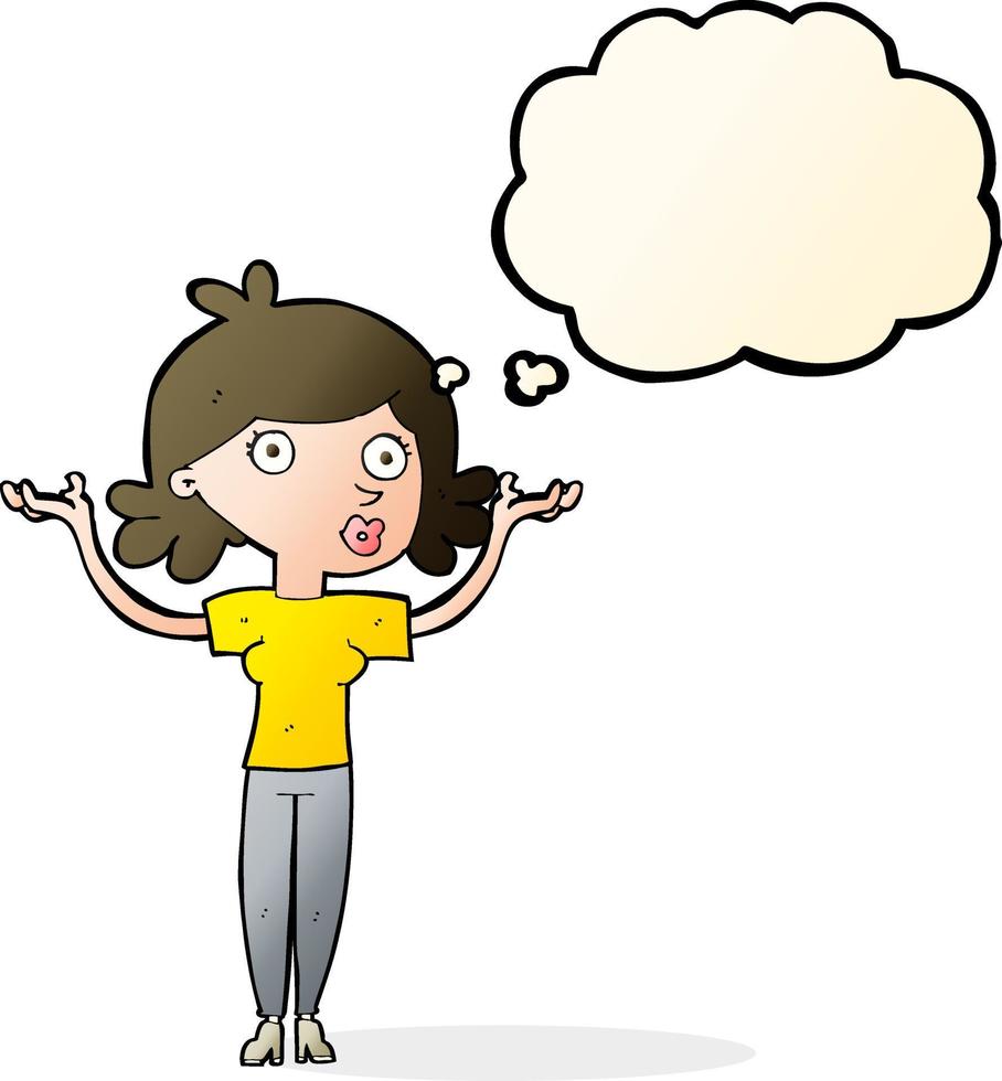 cartoon woman throwing arms in air with thought bubble vector