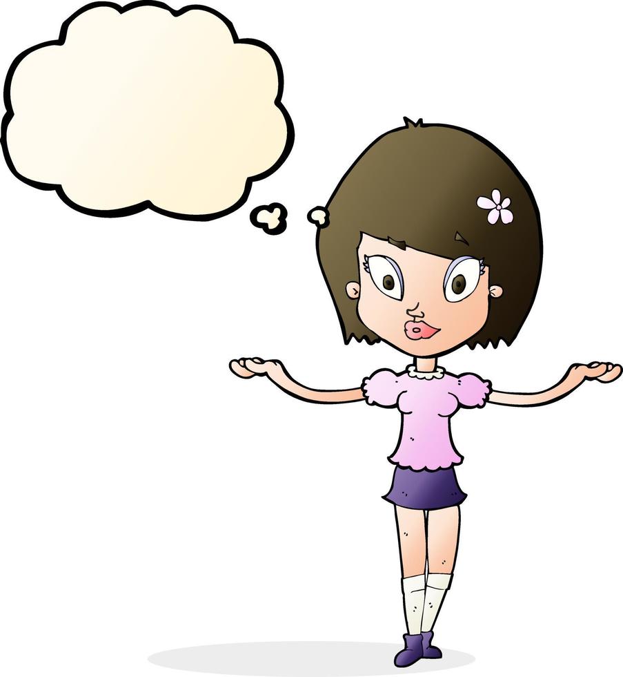 cartoon woman making balancing gesture with thought bubble vector