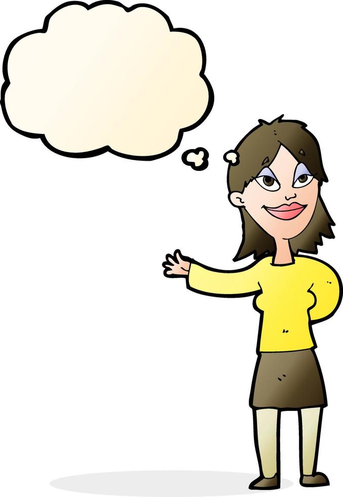 cartoon woman gesturing to show something with thought bubble vector