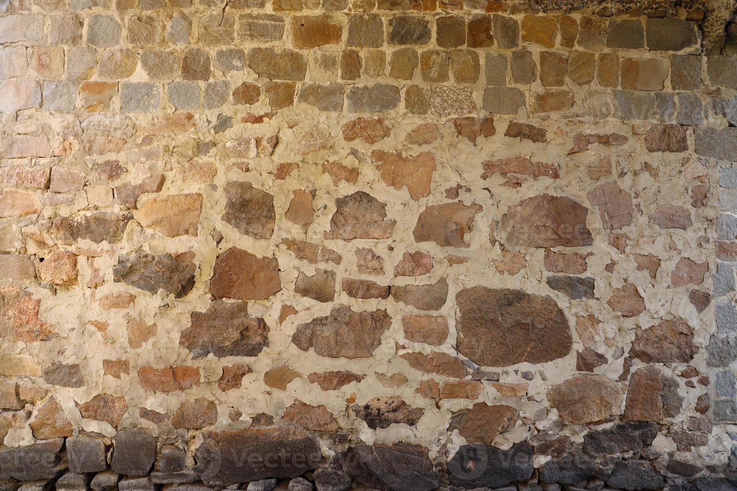 Texture of a stone wall with many big brown and grey stones armed with