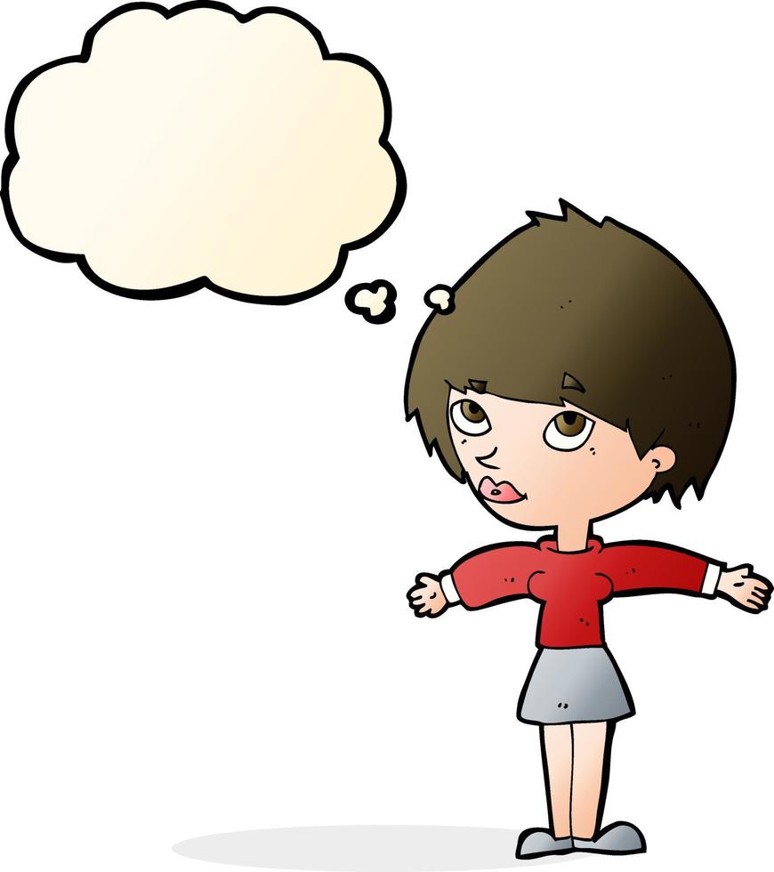 cartoon woman with open arms with thought bubble vector