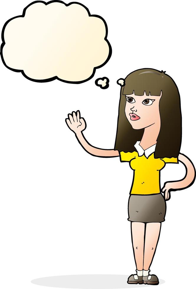 cartoon pretty woman waving with thought bubble vector