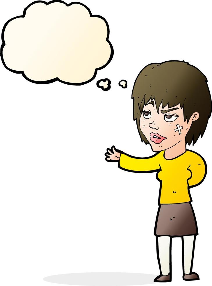 cartoon woman with sticking plaster on face with thought bubble vector