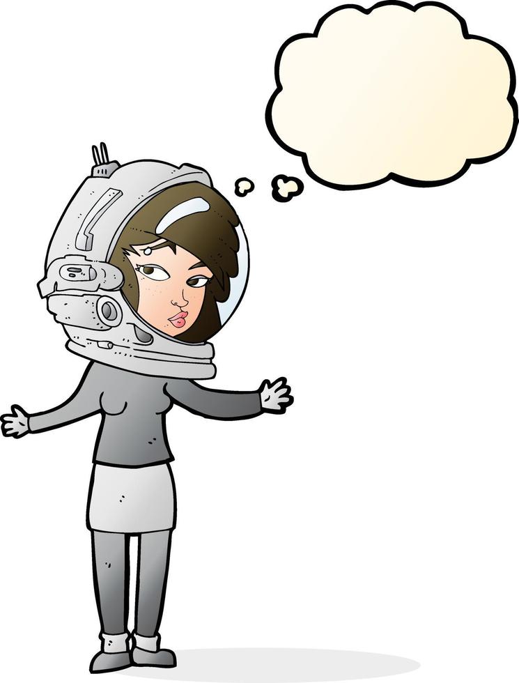 caricatura, mujer, llevando, astronauta, casco, con, burbuja del pensamiento vector