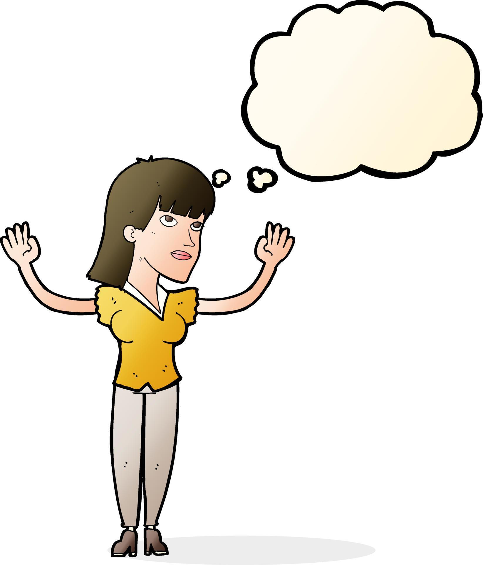 cartoon woman throwing hands in air with thought bubble 12331070 Vector