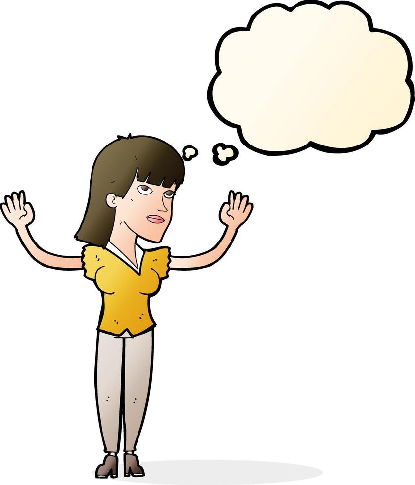 cartoon woman throwing hands in air with thought bubble vector
