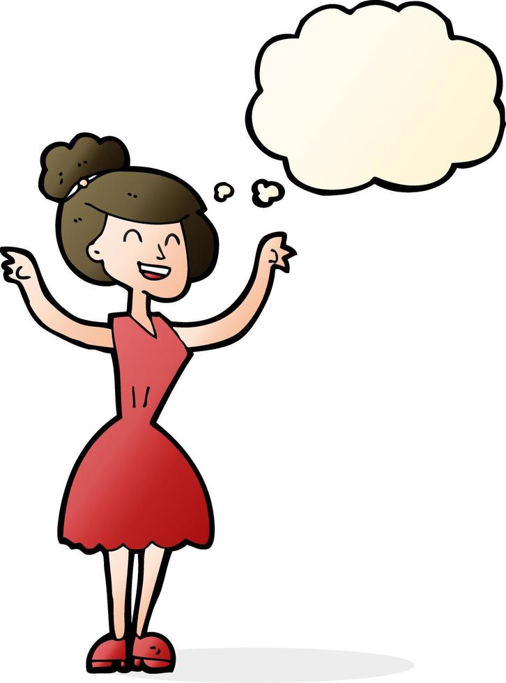 cartoon woman with raised arms with thought bubble vector