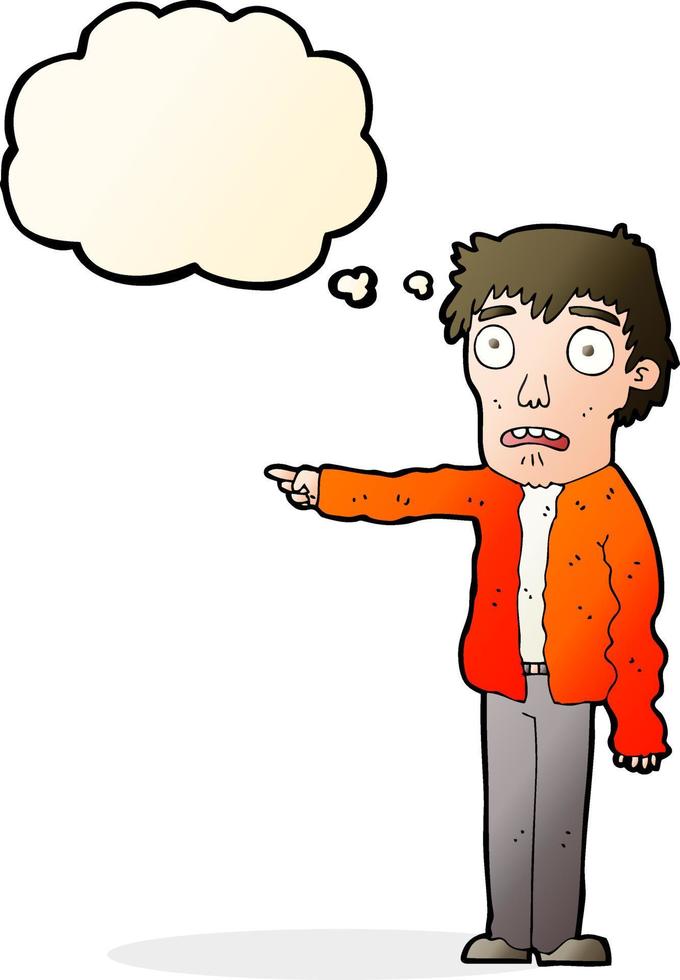 cartoon terrified man pointing with thought bubble vector