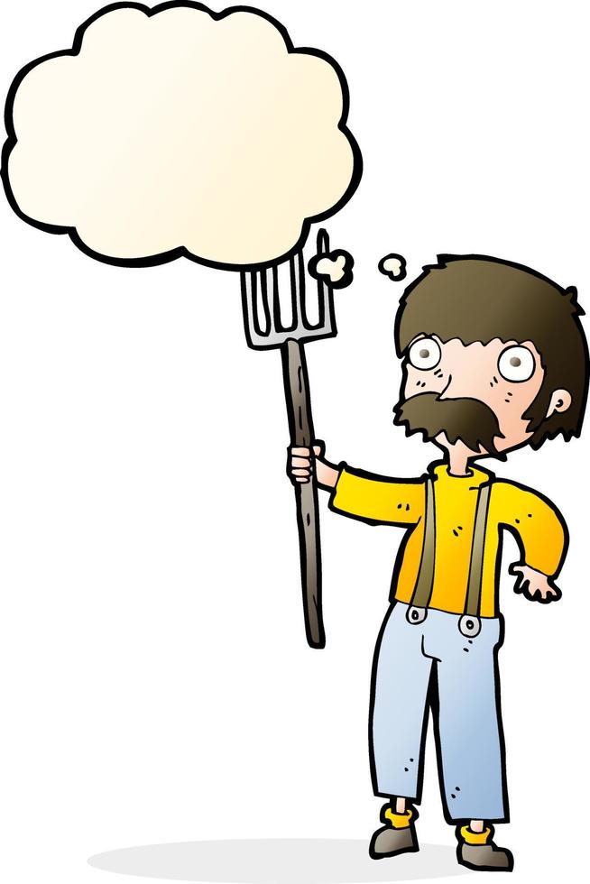 cartoon farmer with pitchfork with thought bubble vector